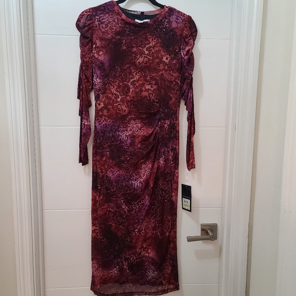 Nine West Mesh Ruched Sleeves Fitted Midi Dress in Elderberry Sz 4 - Picture 1 of 8